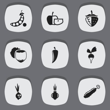9 düzenlenebilir mutfak eşyaları simgeler kümesi. Düşük kalorili meyve, çilek, soya ve daha fazlası gibi simgeler içerir. Web, mobil, UI ve Infographic tasarımı için kullanılabilir.