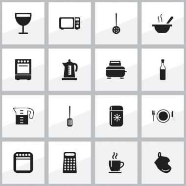 16 düzenlenebilir Restoran simgeler kümesi. Kase, süzgeç, dalga fırın ve daha fazlası gibi simgeler içerir. Web, mobil, UI ve Infographic tasarımı için kullanılabilir.