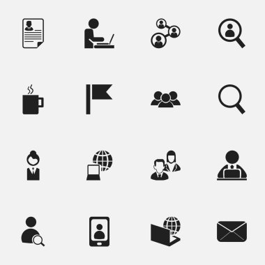 16 düzenlenebilir Bürosu simgeler kümesi. İşçi gibi simgeler Laptop, Küre, Büyüteç ve daha fazlasını içerir. Web, mobil, UI ve Infographic tasarımı için kullanılabilir.