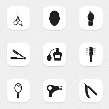 9 düzenlenebilir Tonsorial sanatçı simgeler kümesi. Desiccator, koku, beyin ve daha fazla gibi simgeler içerir. Web, mobil, UI ve Infographic tasarımı için kullanılabilir.