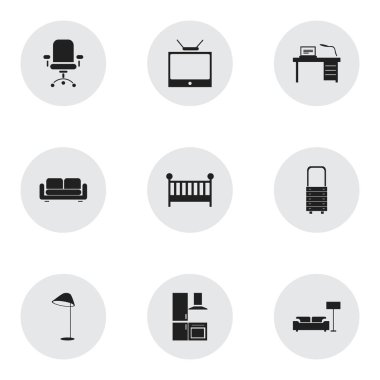 9 düzenlenebilir ev simgeler kümesi. Davenport, çocuk karyolası, iç ve daha fazlası gibi simgeler içerir. Web, mobil, UI ve Infographic tasarımı için kullanılabilir.
