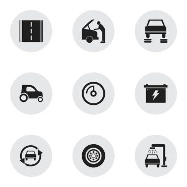 9 düzenlenebilir araç simgeler kümesi. Oto tamir, hız ekran, araç yıkama ve daha fazlası gibi simgeler içerir. Web, mobil, UI ve Infographic tasarımı için kullanılabilir.