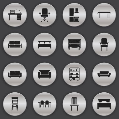 16 düzenlenebilir mobilyalar simgeler kümesi. Mutfağı, yatak, Divan ve daha fazlası gibi simgeler içerir. Web, mobil, UI ve Infographic tasarımı için kullanılabilir.