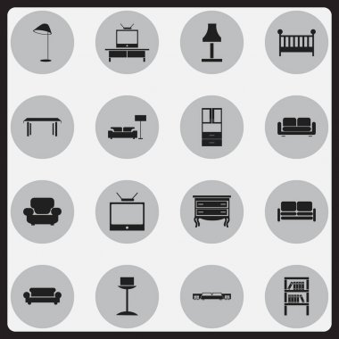 16 düzenlenebilir mobilyalar simgeler kümesi. Lamba, kanepe, aydınlatma ve daha fazlası gibi simgeler içerir. Web, mobil, UI ve Infographic tasarımı için kullanılabilir.