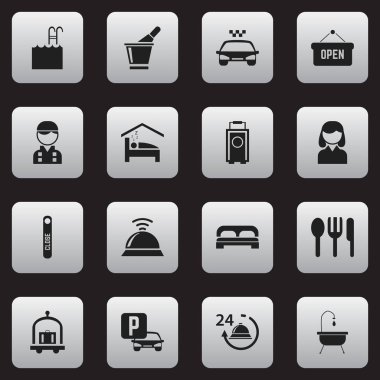 16 düzenlenebilir Motel simgeler kümesi. Yatak Odası, Resepsiyon, yatak ve daha fazlası gibi simgeler içerir. Web, mobil, UI ve Infographic tasarımı için kullanılabilir.