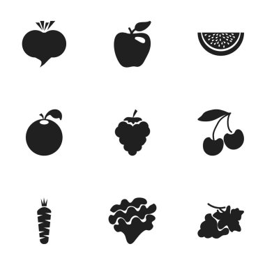 9 düzenlenebilir meyve simgeler kümesi. Turp, havuç, asma ve daha fazlası gibi simgeler içerir. Web, mobil, UI ve Infographic tasarımı için kullanılabilir.