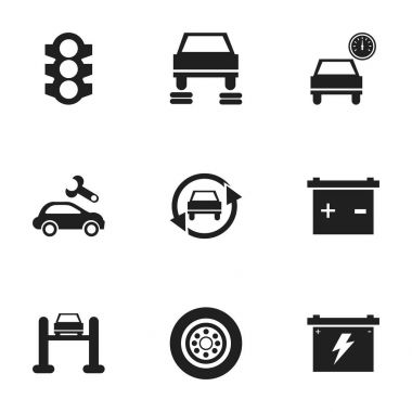 9 düzenlenebilir taşıma simgeler kümesi. Otomatik hizmet, otomotiv düzeltme, otomobil ve daha fazlası gibi simgeler içerir. Web, mobil, UI ve Infographic tasarımı için kullanılabilir.