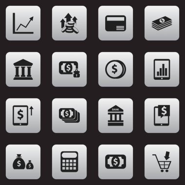 16 düzenlenebilir bankacılık simgeler kümesi. Para, maaş, nakit ve daha fazla gibi sembolleri içerir. Web, mobil, UI ve Infographic tasarımı için kullanılabilir.
