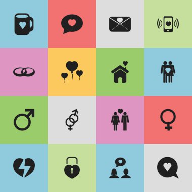 16 düzenlenebilir Amour simgeler kümesi. Erkek işareti, kabarcık, kadın sembolü ve daha fazlası gibi simgeler içerir. Web, mobil, UI ve Infographic tasarımı için kullanılabilir.