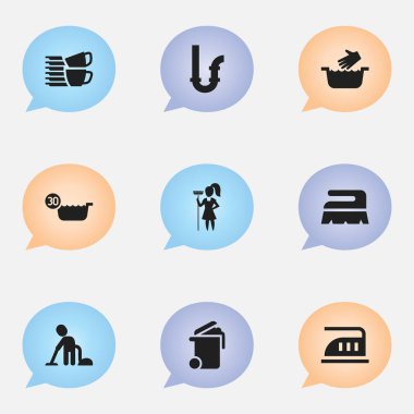 9 düzenlenebilir Kuru Temizleme simgeler kümesi. Semboller gibi çalışma vasıl ev, hizmetçi, soğuk su ve daha fazlasını içerir. Web, mobil, UI ve Infographic tasarımı için kullanılabilir.