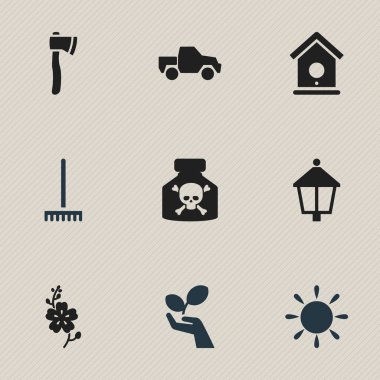 9 düzenlenebilir Bahçe simgeler kümesi. Tomahawk, zehir, sokak lambası ve daha fazlası gibi simgeler içerir. Web, mobil, UI ve Infographic tasarımı için kullanılabilir.