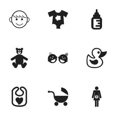 9 düzenlenebilir bebek simgeler kümesi. Şişe, hamilelik, banyo oyuncakları ve hemşirelik gibi simgeleri içerir. Web, mobil, UI ve Infographic tasarımı için kullanılabilir.