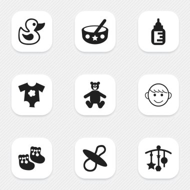 9 düzenlenebilir bebek simgeler kümesi. Teddy, küçük elbiseler, süslüyor gibi sembolleri içerir ve daha fazlası. Web, mobil, UI ve Infographic tasarımı için kullanılabilir.