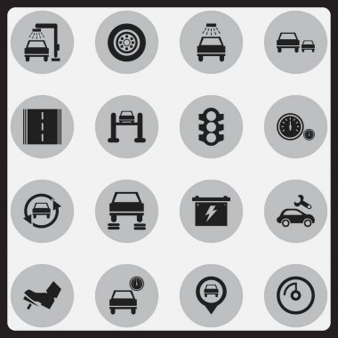 16 düzenlenebilir araç simgeler kümesi. Oto Servisi, araba yıkanmak gibi lastik vb. sembolleri içerir. Web, mobil, UI ve Infographic tasarımı için kullanılabilir.