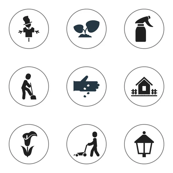 Conjunto de 9 iconos de agricultura editables. Incluye símbolos como farola, casa con valla, lirio y más. Puede ser utilizado para el diseño de la tela, móvil, interfaz de usuario e infografía . — Vector de stock