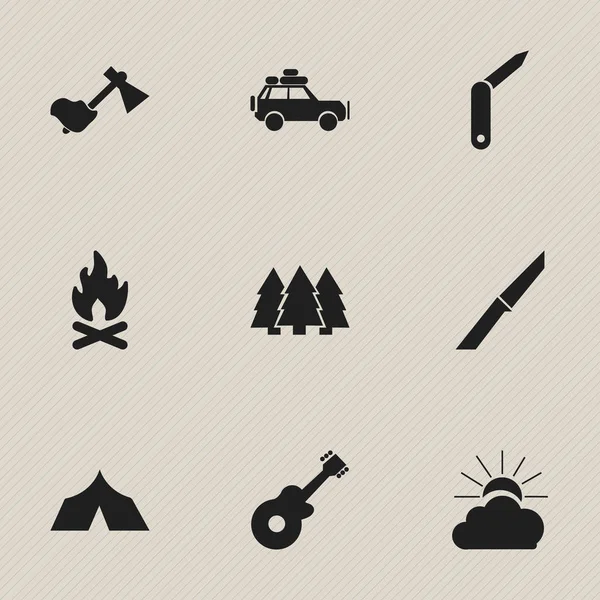 Ensemble de 9 Icônes de Camping modifiables. Comprend des symboles tels que couteau, Ax, lever de soleil et plus. Peut être utilisé pour le Web, mobile, interface utilisateur et infographie . — Image vectorielle