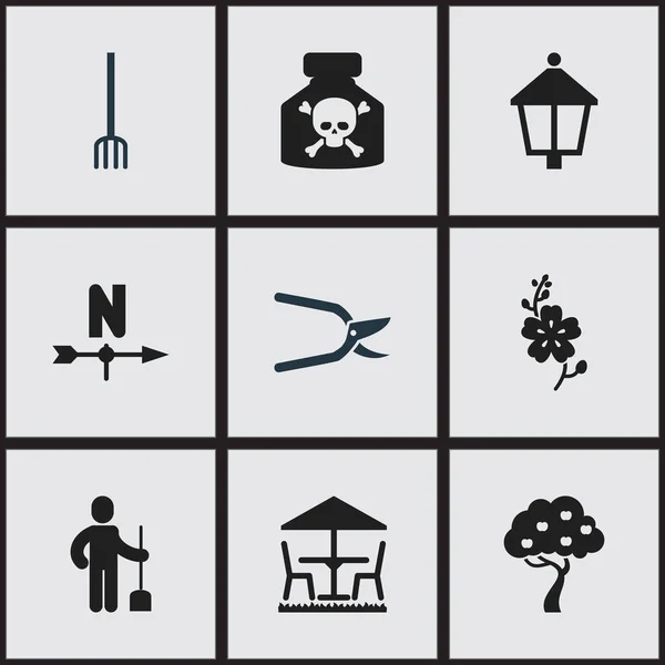 Set di 9 icone di giardinaggio modificabili. Include simboli come boschi di frutta, direzione brezza, lampione e altro ancora. Può essere utilizzato per la progettazione web, mobile, UI e infografica . — Vettoriale Stock