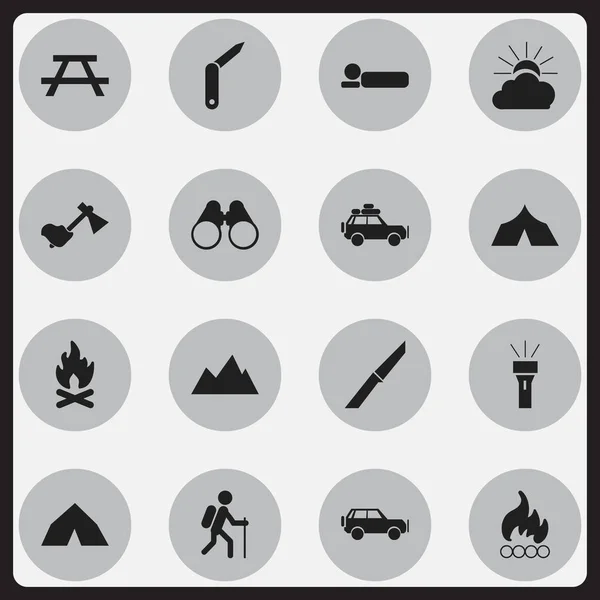 Conjunto de 16 iconos de viaje editables. Incluye símbolos tales como cuchillo, corchete-cuchillo, coche del viaje y más. Puede ser utilizado para el diseño de la tela, móvil, interfaz de usuario e infografía . — Vector de stock