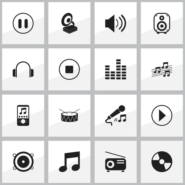 Satz von 16 editierbaren Musik-Icons. beinhaltet Symbole wie Media fm, Basslautsprecher, Bar Wave und mehr. kann für Web-, Mobil-, UI- und Infografik-Design verwendet werden. — Stockvektor