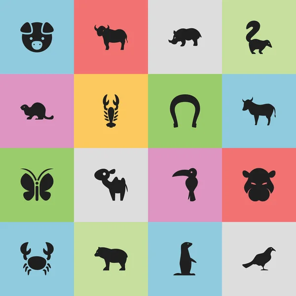 Satz von 16 editierbaren Zoologie-Symbolen. enthält Symbole wie Panda, Ochse, Kuh. kann für Web-, Mobil-, UI- und Infografik-Design verwendet werden. — Stockvektor