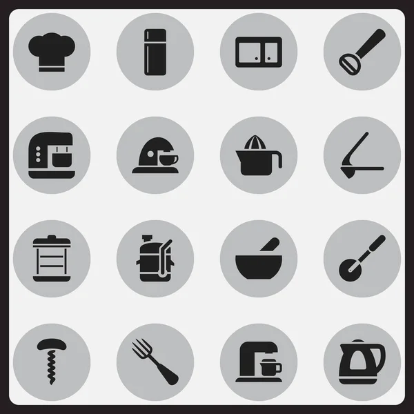 Conjunto de 16 iconos de comidas editables. Incluye símbolos como Husker, Exprimidor, fabricante de bebidas y más. Puede ser utilizado para el diseño de la tela, móvil, interfaz de usuario e infografía . — Archivo Imágenes Vectoriales