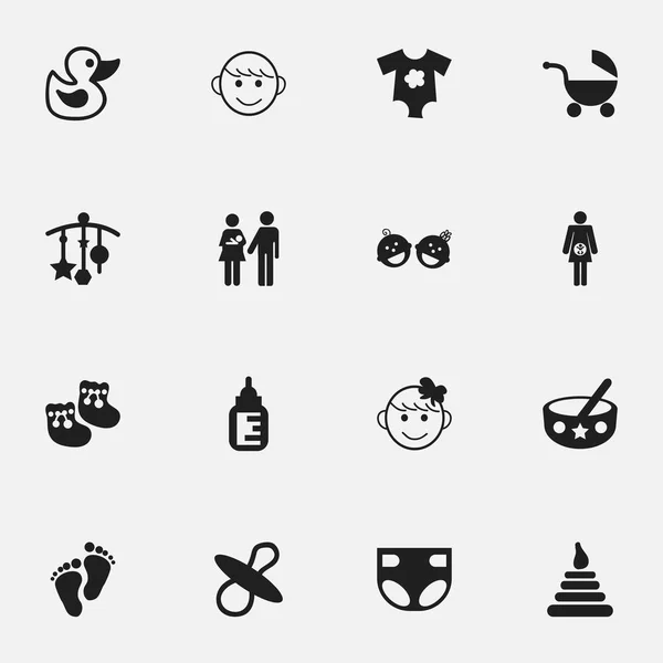 Conjunto de 16 iconos editables. Incluye símbolos como niño alegre, adorno, niños felices y más. Puede ser utilizado para el diseño de la tela, móvil, interfaz de usuario e infografía . — Vector de stock