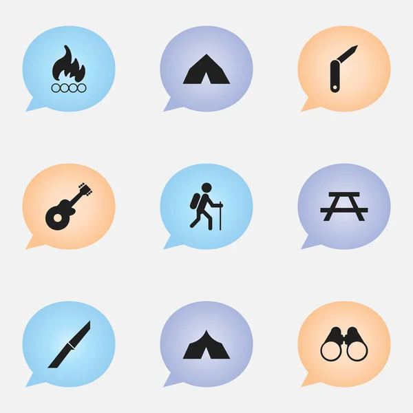 Set de 9 iconos de viaje editables. Incluye símbolos como escritorio, refugio, marcha y más. Puede ser utilizado para el diseño de la tela, móvil, interfaz de usuario e infografía . — Vector de stock