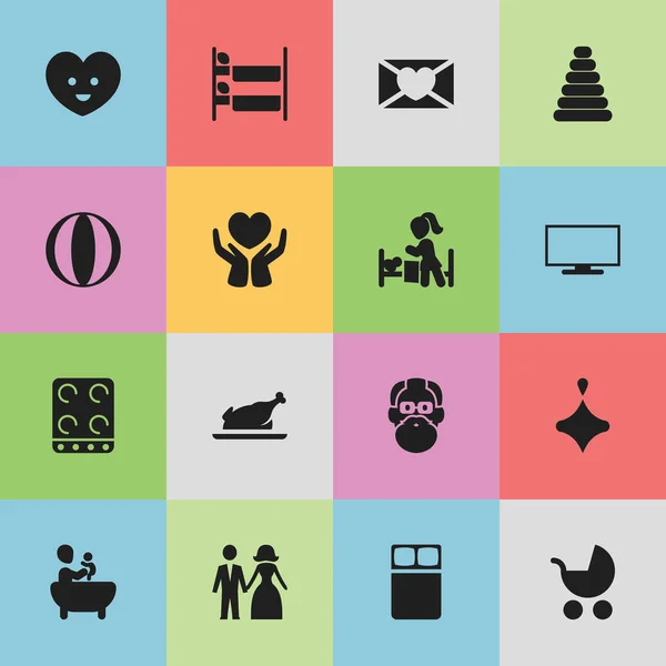 Conjunto de 16 iconos Kin editables. Incluye símbolos como pollo frito, guardar el amor, colchón y más. Puede ser utilizado para el diseño de la tela, móvil, interfaz de usuario e infografía . — Vector de stock
