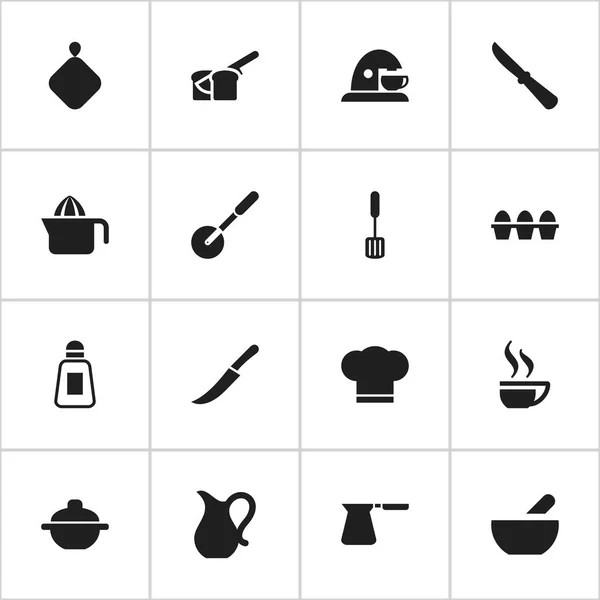 Set Of 16 Editable Meal Icons. Includes Symbols Such As Knife Roller, Saltshaker, Coffee Pot And More. Can Be Used For Web, Mobile, UI And Infographic Design. — Stock Vector