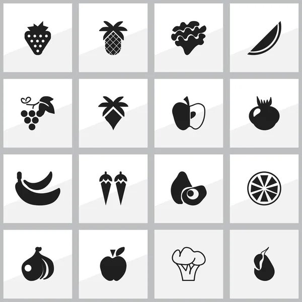 Conjunto de 16 ícones de frutas editáveis. Inclui símbolos como mamão, melão, pimentão e muito mais. Pode ser usado para Web, Mobile, UI e design infográfico . —  Vetores de Stock