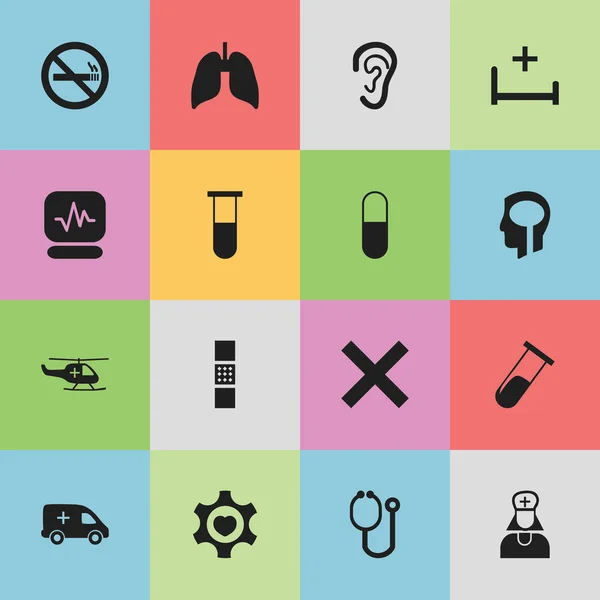 Satz von 16 editierbaren Klinik-Symbolen. beinhaltet Symbole wie Medikament, Krankenhausassistent, Klinikzimmer und mehr. kann für Web-, Mobil-, UI- und Infografik-Design verwendet werden. — Stockvektor