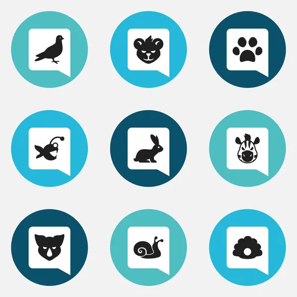 Satz von 9 editierbaren Zoologie-Symbolen. enthält Symbole wie Nashorn, Kaninchen, Schnecke und mehr. kann für Web-, Mobil-, UI- und Infografik-Design verwendet werden. — Stockvektor