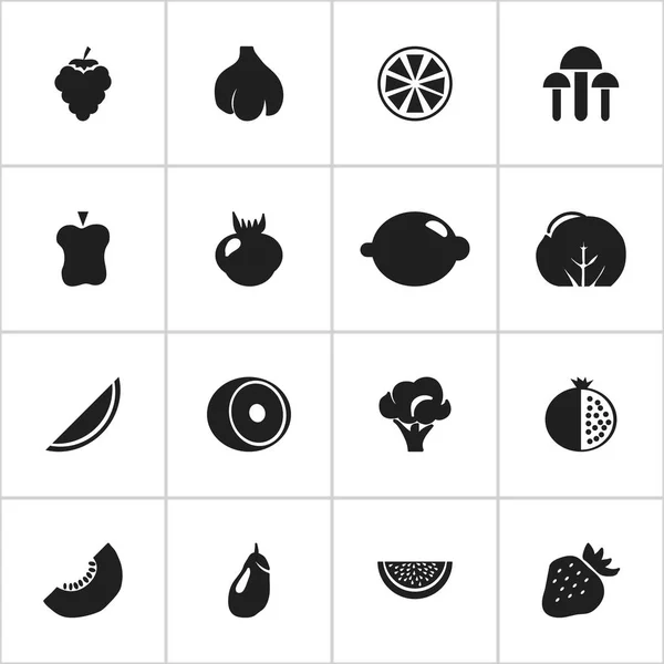 Conjunto de 16 iconos de frutas editables. Incluye símbolos como la coliflor, limón, uva y más. Puede ser utilizado para el diseño de la tela, móvil, interfaz de usuario e infografía . — Vector de stock