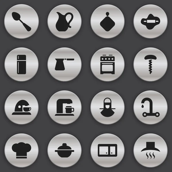 Set von 16 editierbaren Menüsymbolen. enthält Symbole wie Topfhalter, Weinöffner, Krug und mehr. kann für Web-, Mobil-, UI- und Infografik-Design verwendet werden. — Stockvektor