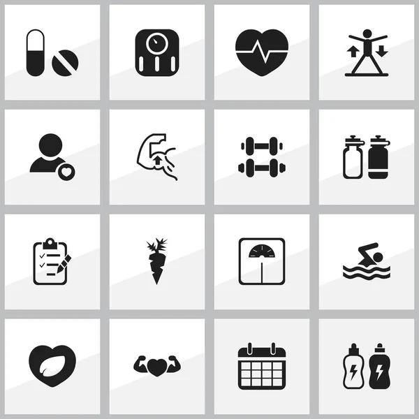 Set de 16 iconos de estilo de vida editables. Incluye símbolos como la medición del peso, el plan de fecha, la bebida energética y más. Puede ser utilizado para el diseño de la tela, móvil, interfaz de usuario e infografía . — Vector de stock