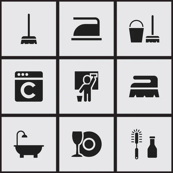 Zestaw 9 ikon można edytować oczyszczanie. Zawiera symbole, takie jak trzepaczka, płyta, zestaw do czyszczenia i więcej. Mogą być używane dla sieci Web, mobilnych, interfejsu użytkownika i Infographic Design. — Wektor stockowy