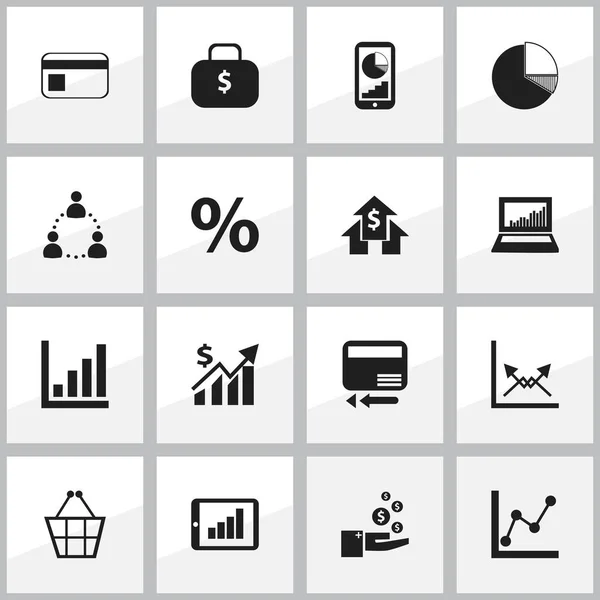 Set van 16 bewerkbare statistiek iconen. Bevat symbolen zoals geld zak, handtas, Equalizer-Display en meer handel. Kan worden gebruikt voor Web, Mobile, Ui en Infographic Design. — Stockvector