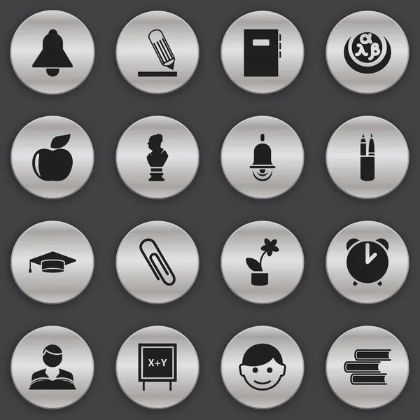 Set di 16 icone di laurea modificabili. Include simboli come campanello d'allarme, ragazzo che studia, custodia per penna e altro ancora. Può essere utilizzato per la progettazione web, mobile, UI e infografica . — Vettoriale Stock