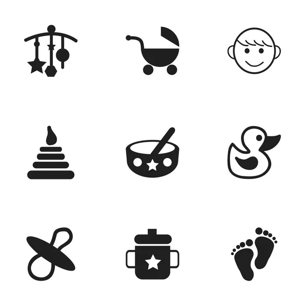 Set de 9 iconos infantiles editables. Incluye símbolos como Goplet, Torre, Juguetes de baño y más. Puede ser utilizado para el diseño de la tela, móvil, interfaz de usuario e infografía . — Vector de stock