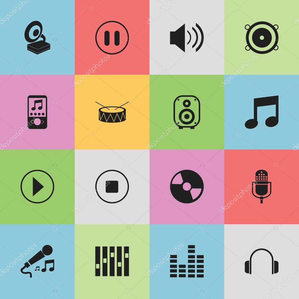 Conjunto de 16 iconos de audio editables. Incluye símbolos como música