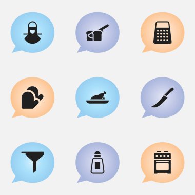 9 düzenlenebilir Cook simgeler kümesi. Kılıç, fırın ve mutfak eldiveni gibi simgeler içerir. Web, mobil, UI ve Infographic tasarımı için kullanılabilir.