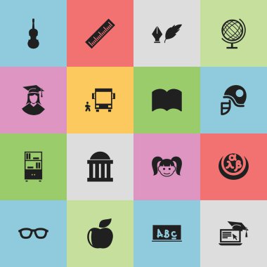 16 düzenlenebilir mezuniyet simgeler kümesi. Okul yönetimi, kızı, keman ve daha fazlası gibi simgeler içerir. Web, mobil, UI ve Infographic tasarımı için kullanılabilir.