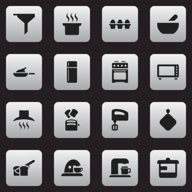 16 düzenlenebilir Cook simgeler kümesi. Buzdolabı, yumurta kartonu, mutfak Hood ve daha fazlası gibi simgeler içerir. Web, mobil, UI ve Infographic tasarımı için kullanılabilir.
