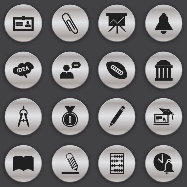 16 düzenlenebilir Üniversitesi simgeler kümesi. Okul zili, grafik kartı, matematik aracı ve daha fazlası gibi simgeler içerir. Web, mobil, UI ve Infographic tasarımı için kullanılabilir.