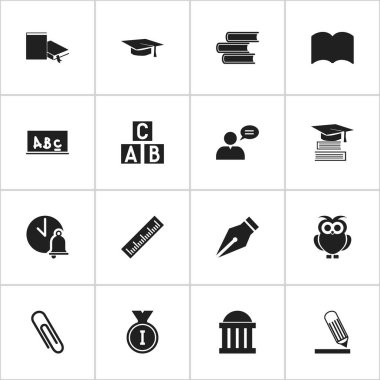 16 düzenlenebilir okul simgeler kümesi. Kütüphane, mezuniyet şapka, yazma ve daha fazla gibi simgeler içerir. Web, mobil, UI ve Infographic tasarımı için kullanılabilir.