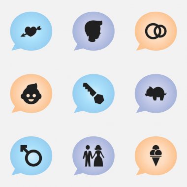 9 düzenlenebilir aile simgeler kümesi. Sembolleri evli gibi Hoop, adam amblemi ve daha fazlasını içerir. Web, mobil, UI ve Infographic tasarımı için kullanılabilir.