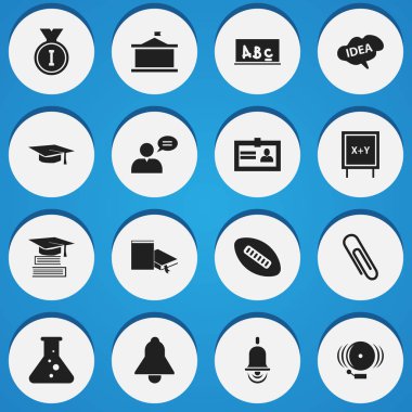 16 düzenlenebilir bilim simgeler kümesi. Bell, yazı tahtası, elyaf ve daha fazlası gibi simgeler içerir. Web, mobil, UI ve Infographic tasarımı için kullanılabilir.