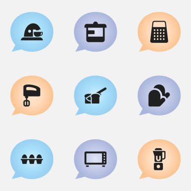 9 düzenlenebilir yemek simgeler kümesi. Karıştırıcı, mutfak eldiveni, yumurta kartonu ve daha fazlası gibi simgeler içerir. Web, mobil, UI ve Infographic tasarımı için kullanılabilir.