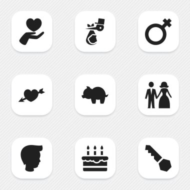 9 düzenlenebilir Kin simgeler kümesi. Sembolleri evli gibi kalp, kadın işaret ve daha fazlasını içerir. Web, mobil, UI ve Infographic tasarımı için kullanılabilir.