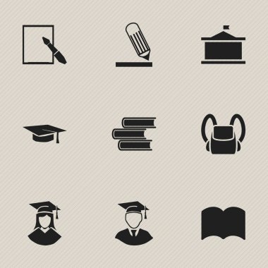 9 düzenlenebilir eğitim simgeler kümesi. Sözlük, mezuniyet şapka, mezun olunan erkek ve daha fazlası gibi simgeler içerir. Web, mobil, UI ve Infographic tasarımı için kullanılabilir.